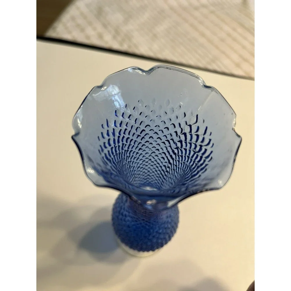 Blue Glass Diamond Cut, Ruffled Rim, Clear Footed Bud Vase Delicate